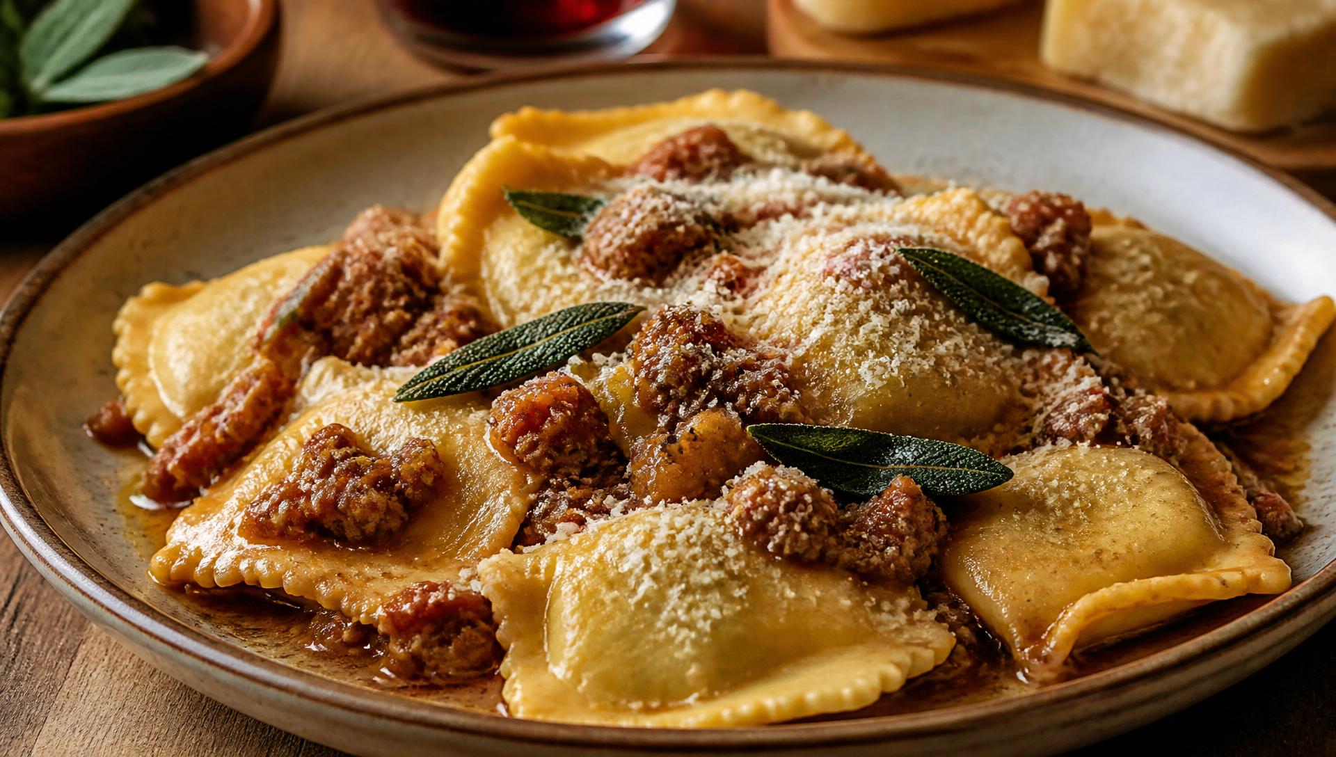 Piatto di tortelli maremmani fatti in casa con ragù